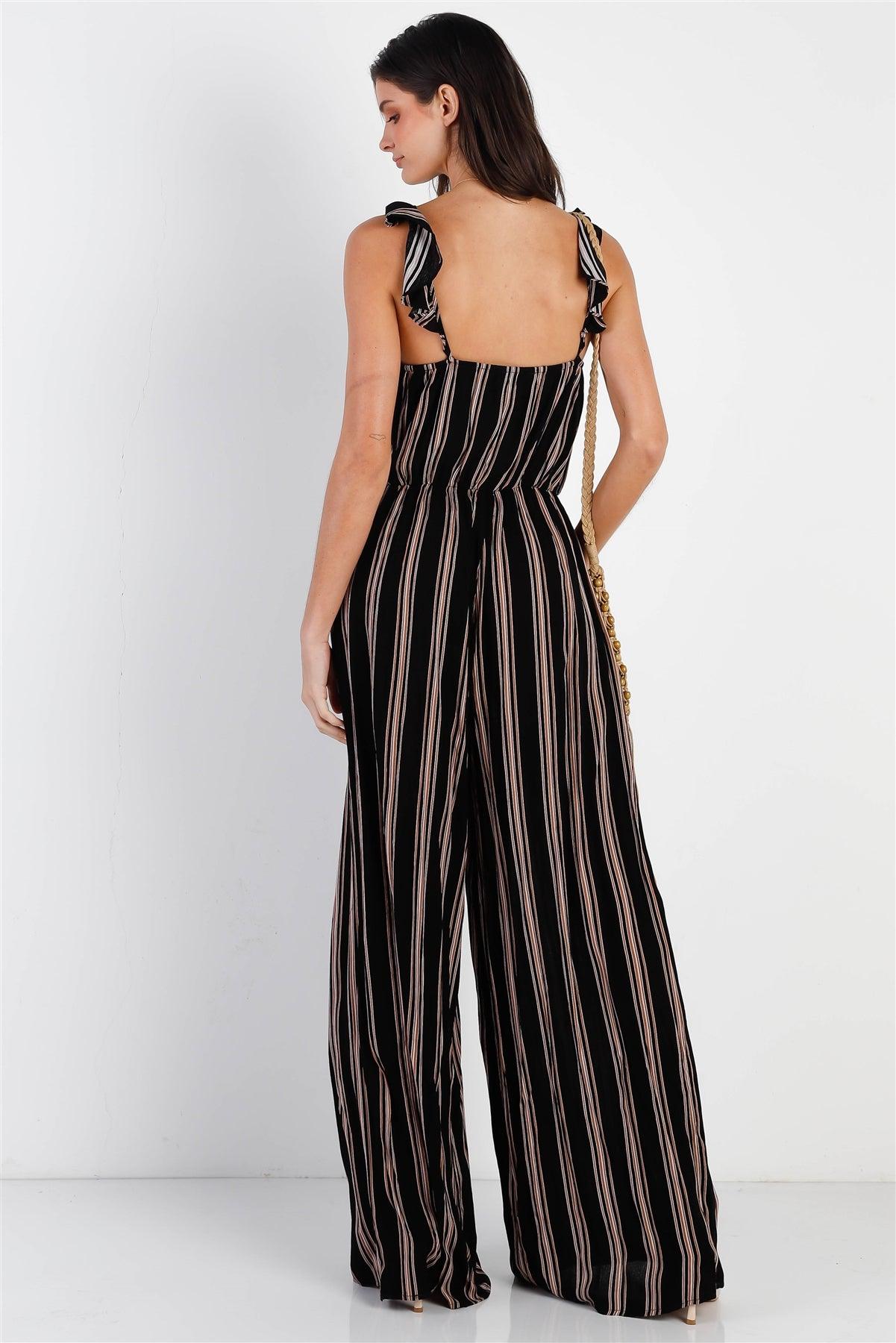 Black Tan Stripe Front Button Down Self-Tie Detail Wide Leg Jumpsuit /1-2-2-1