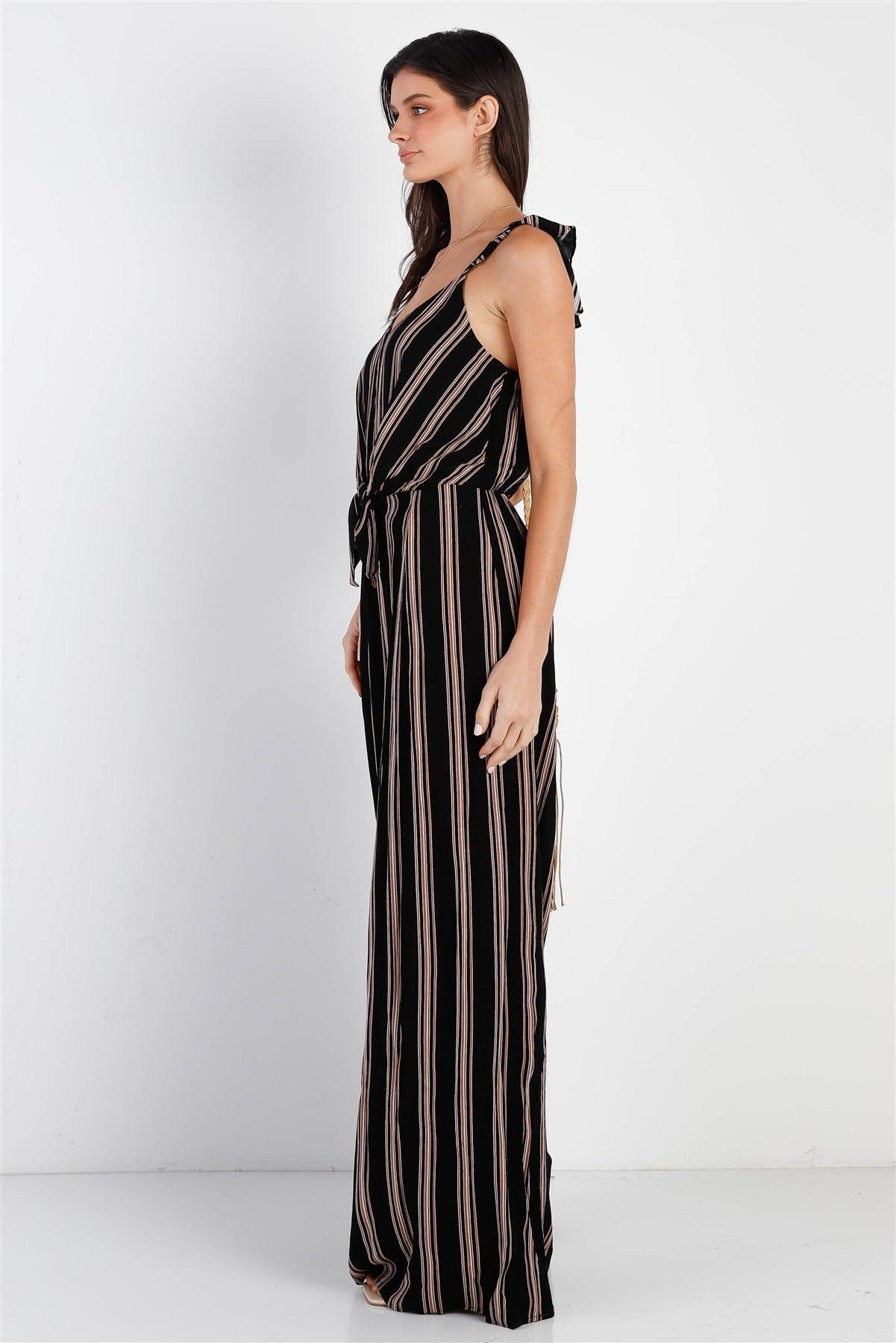 Black Tan Stripe Front Button Down Self-Tie Detail Wide Leg Jumpsuit /3-2-1-1