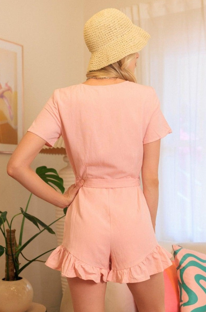 Pink Linen Button Up Ruffle Hem Belted Romper / 1-2-2-1