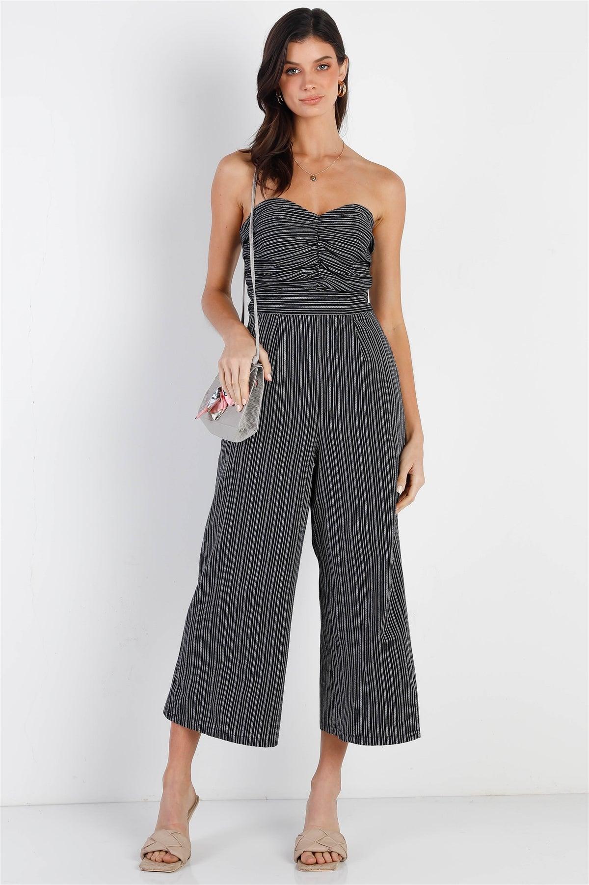 Black Stripe Textured Front Ruched Detail Sleeveless Culotte Leg Jumpsuit /1-2-2-1