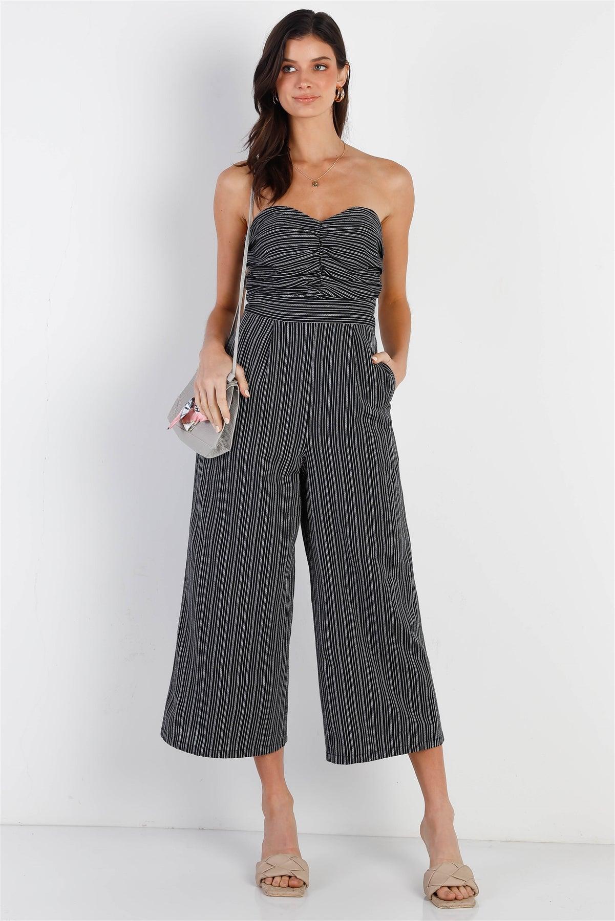 Black Stripe Textured Front Ruched Detail Sleeveless Culotte Leg Jumpsuit /1-2-2-1