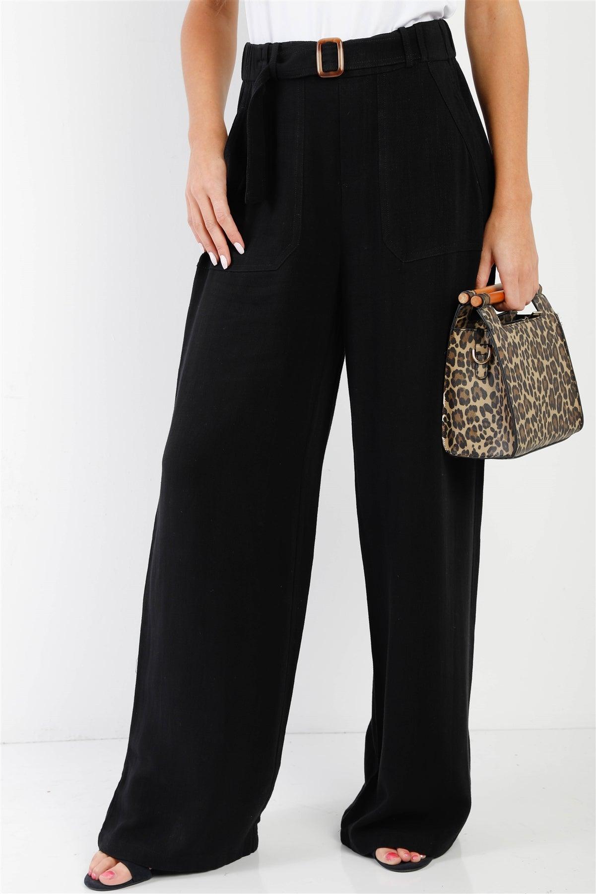 Black Viscose & Linen Blend Belted Wide Leg Pants /1-2-2-1