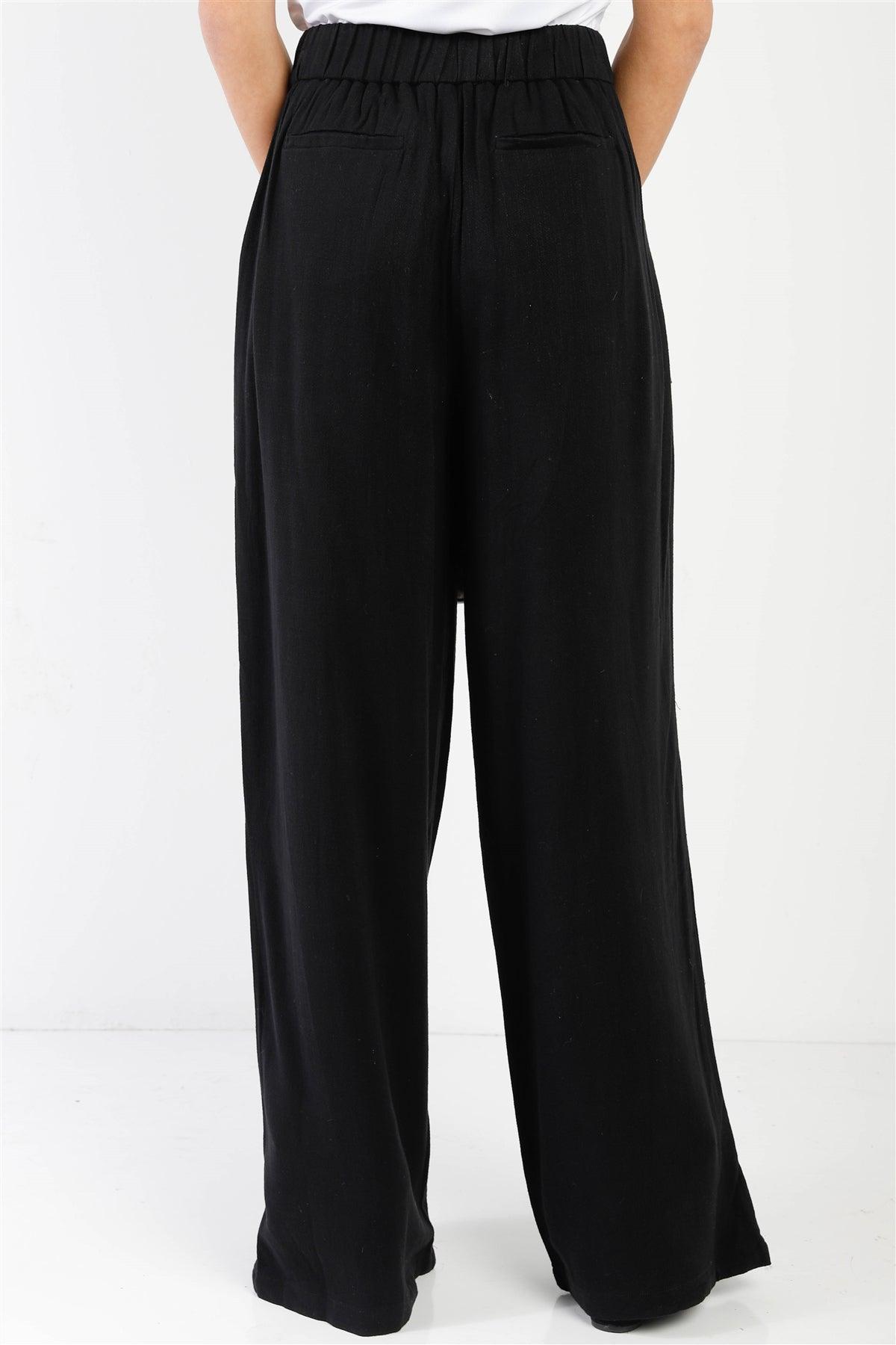 Black Viscose & Linen Blend Belted Wide Leg Pants /1-2-2-1