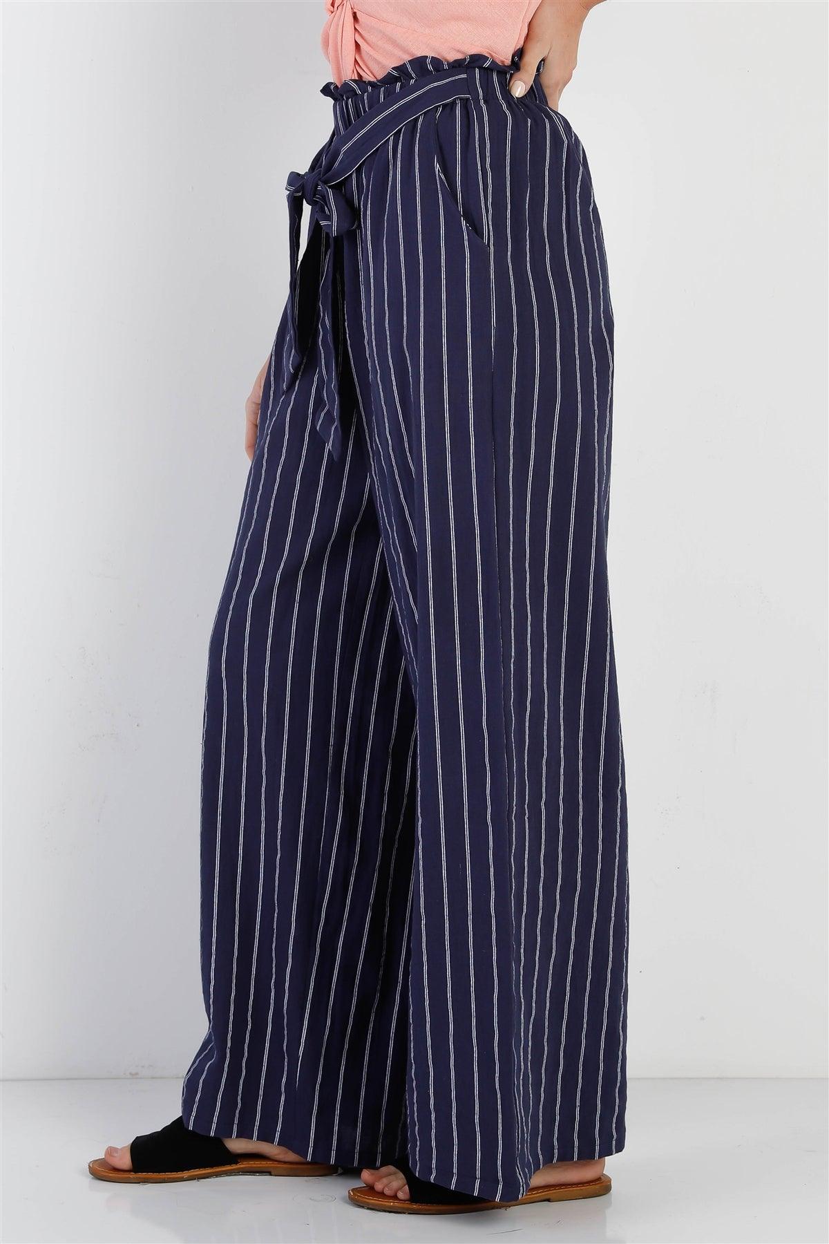 Navy & White Stripe Cotton Self-Tie Belted Wide Leg Pants /1-2-1-1