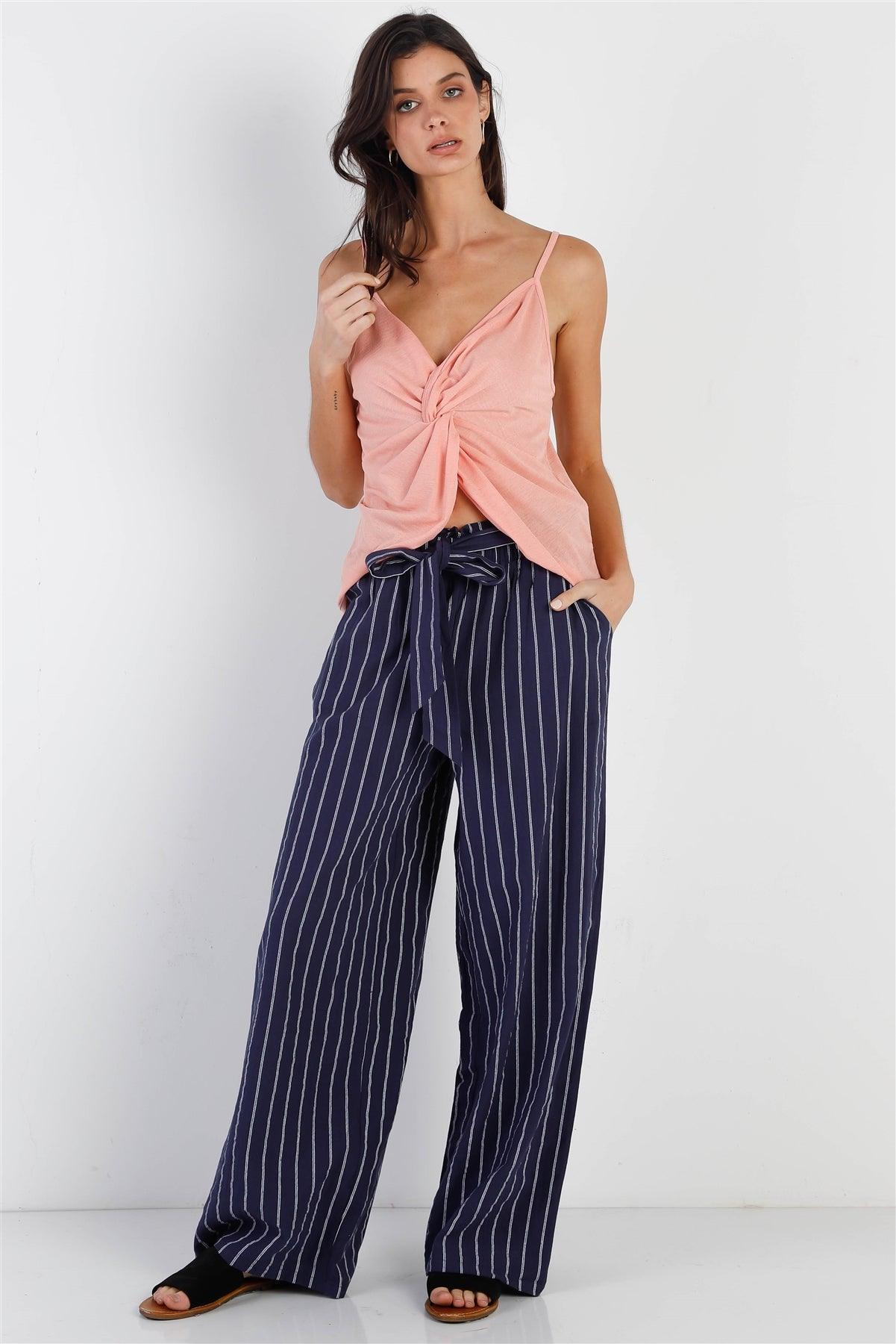 Navy & White Stripe Cotton Self-Tie Belted Wide Leg Pants /1-2-1-1