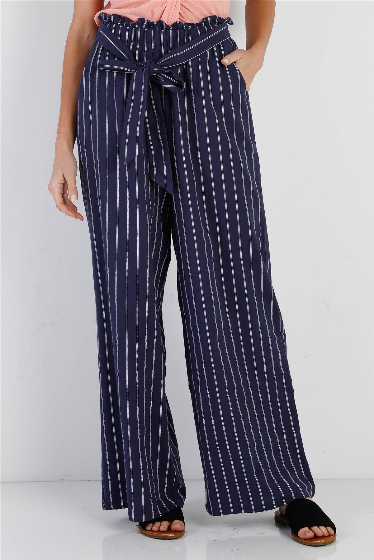 Navy & White Stripe Cotton Self-Tie Belted Wide Leg Pants /1-2-1-1