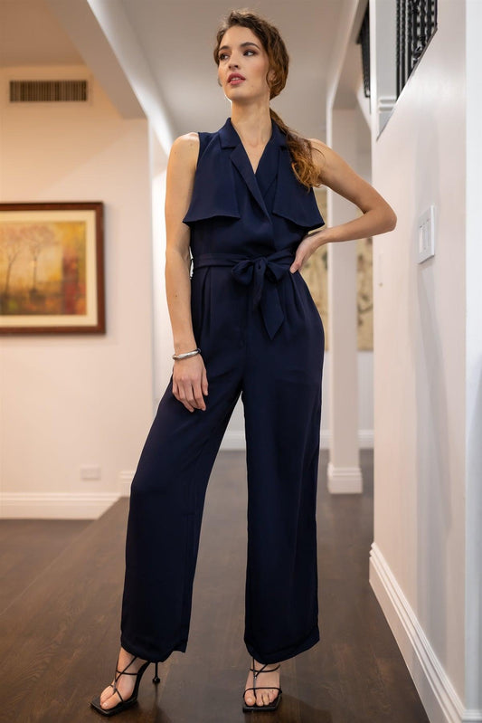 Navy Notched Collar Self-Tie Belted Cut-Out Back Detail Wide Leg Jumpsuit /1-2-2-1