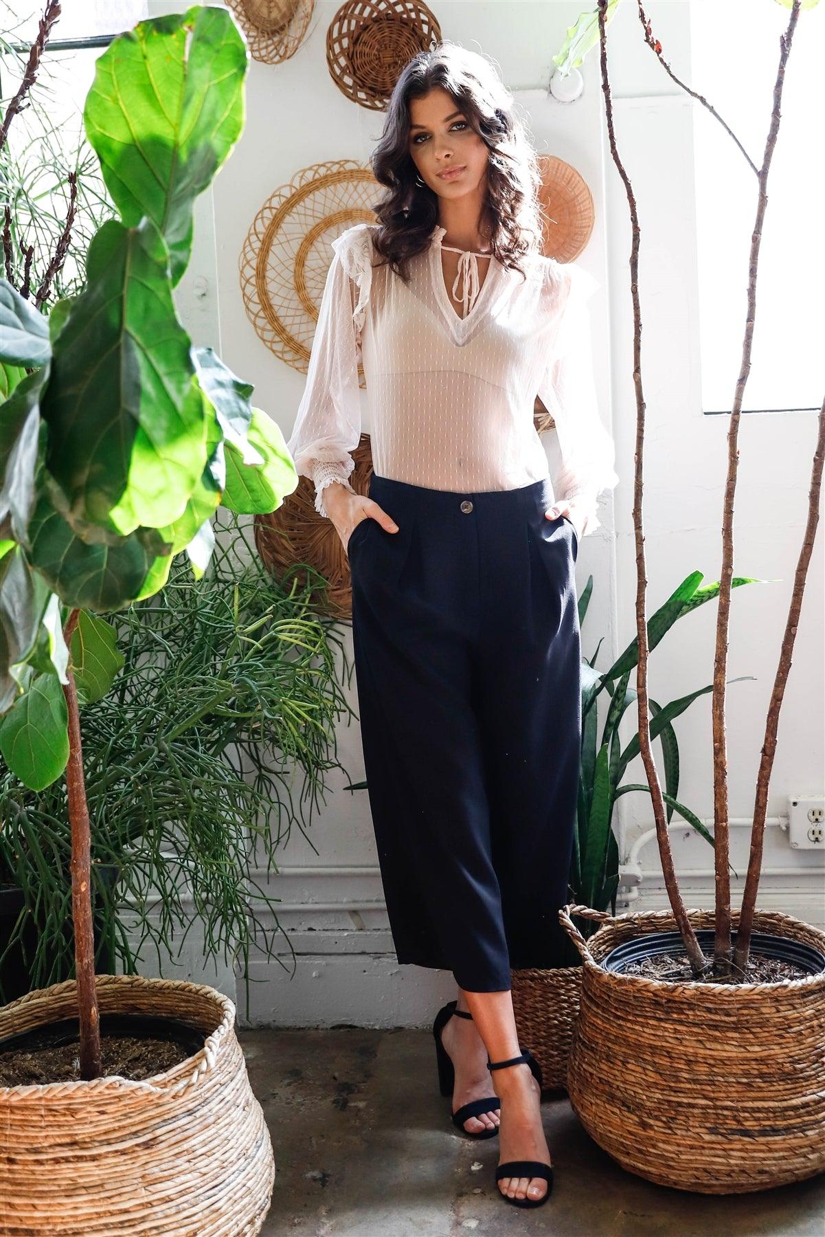 Black Fold Pleated Wide Leg Culotte Pants /2-2-1