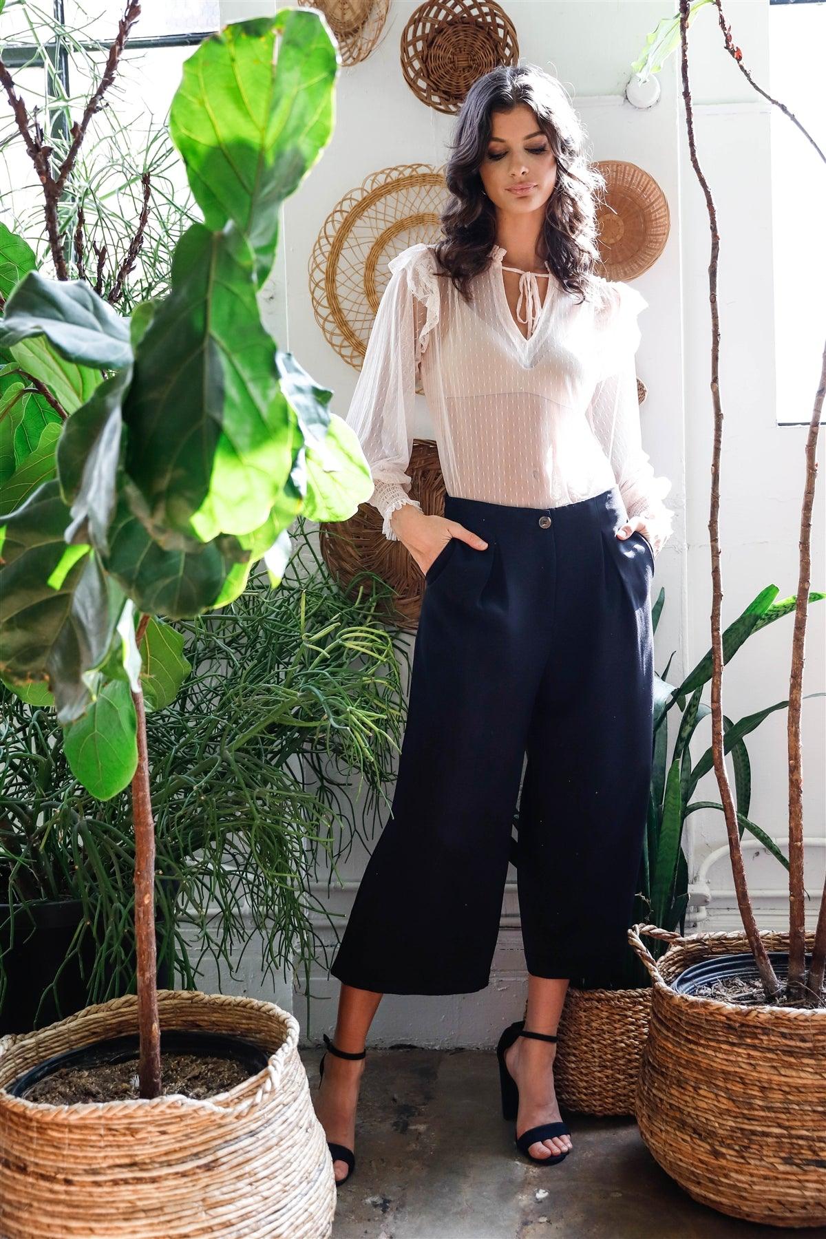 Black Fold Pleated Wide Leg Culotte Pants /1-2-2-1