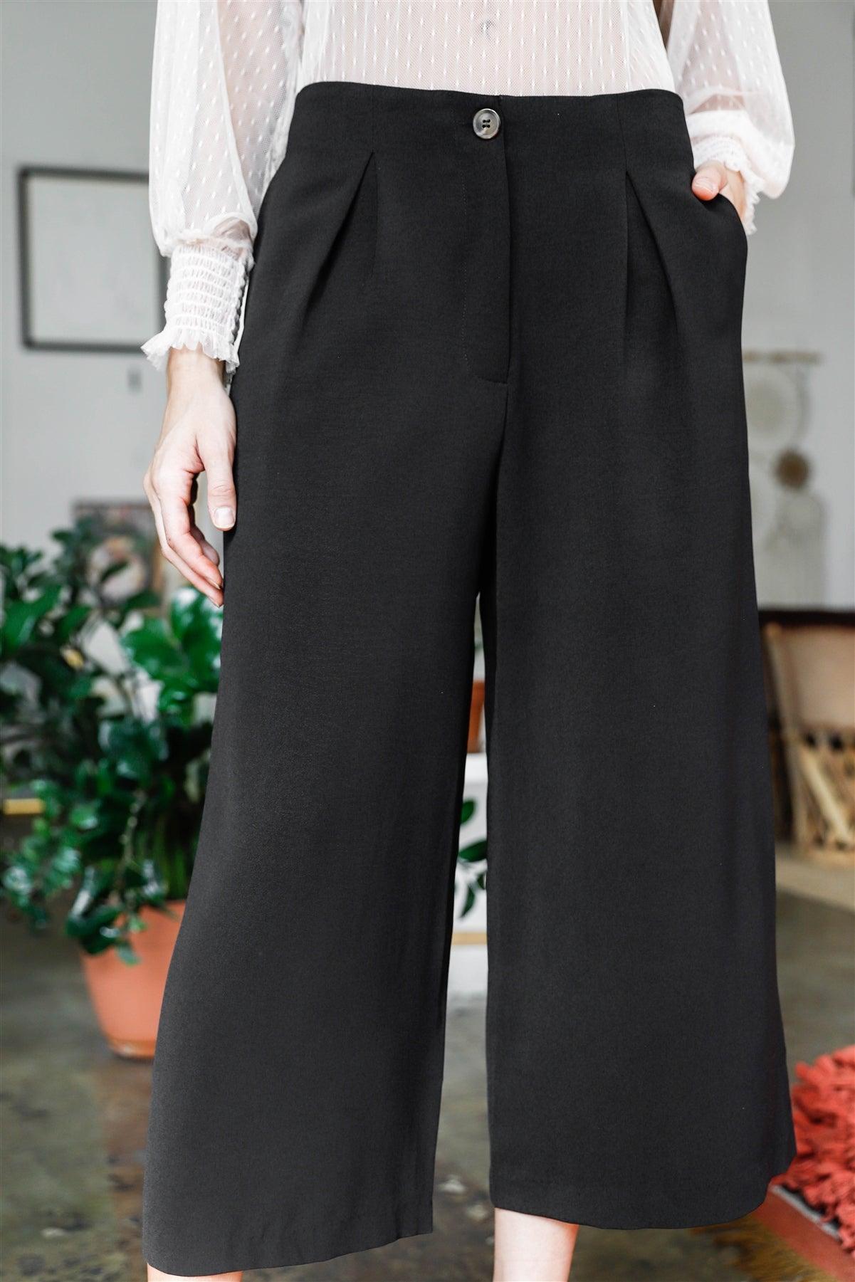 Black Fold Pleated Wide Leg Culotte Pants /1-2-2-1