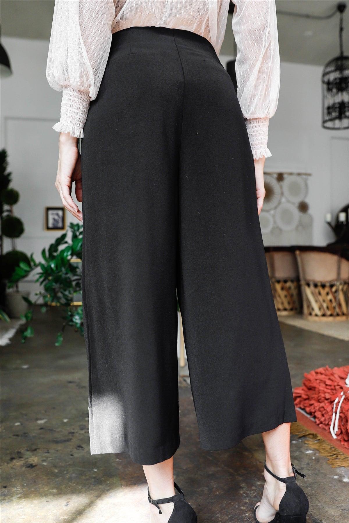 Black Fold Pleated Wide Leg Culotte Pants /1-2-2-1