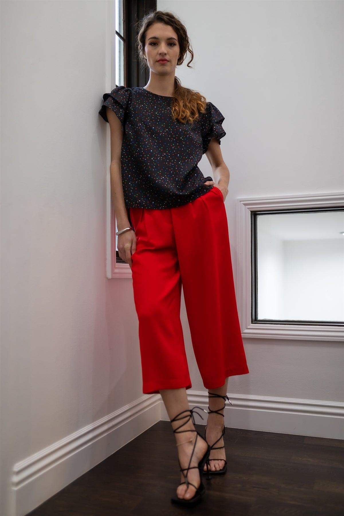 Red Fold Pleated Wide Leg Culotte Pants /1-2-2