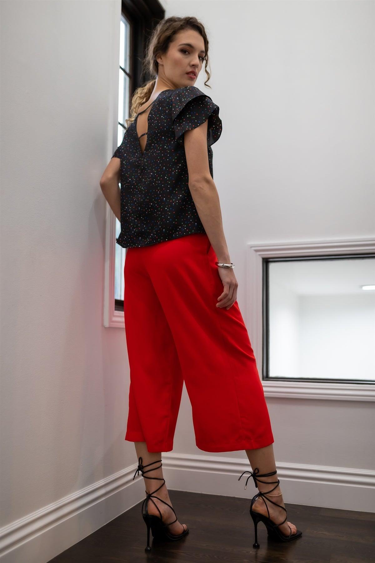 Red Fold Pleated Wide Leg Culotte Pants /1-2-2