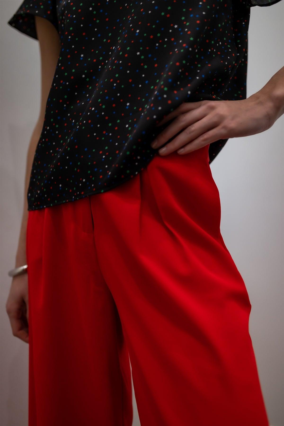 Red Fold Pleated Wide Leg Culotte Pants /1-2-2