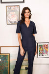 Navy Front Side Buckle Belt Detail Wrap Jumpsuit /1-2-2-1