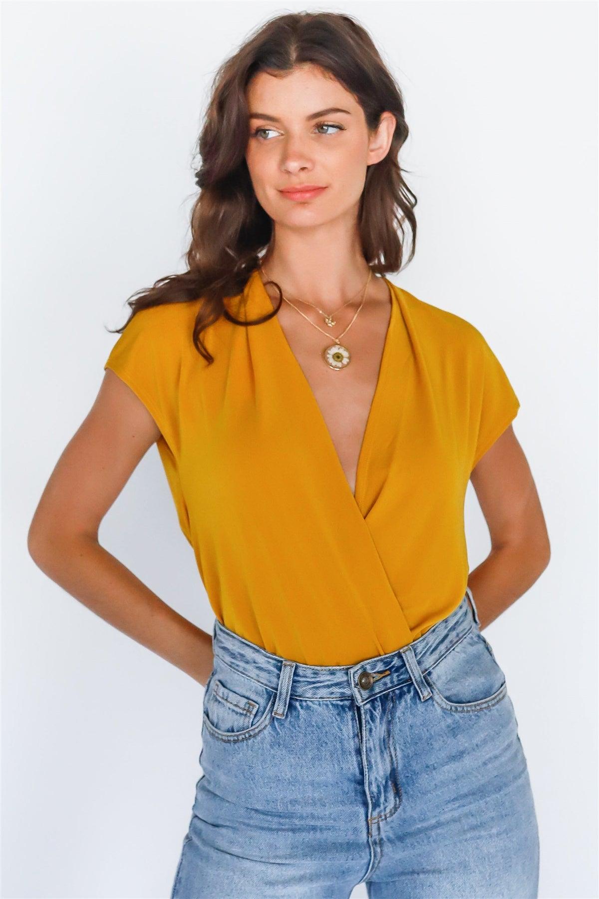 Mustard Wrap V-Neck Open Back Bodysuit /2-2