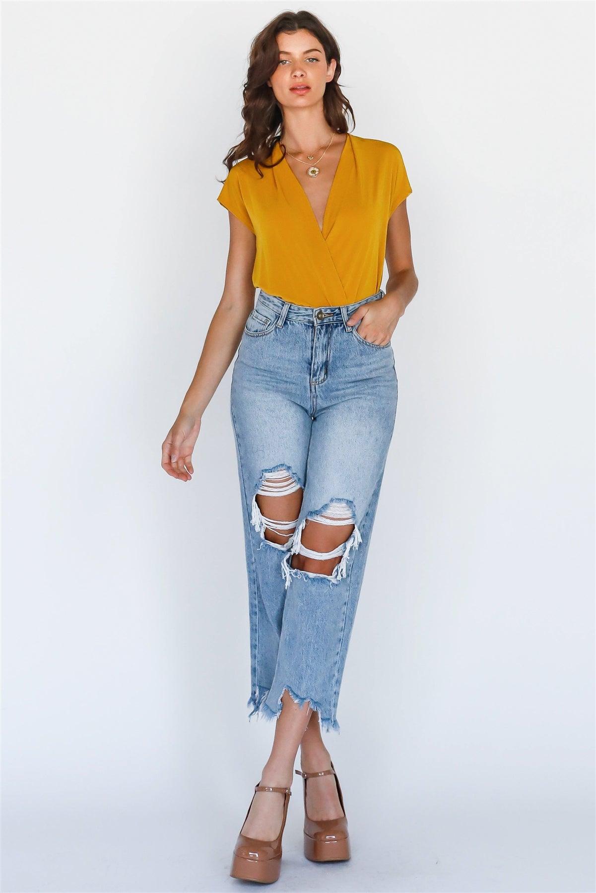 Mustard Wrap V-Neck Open Back Bodysuit /2-2