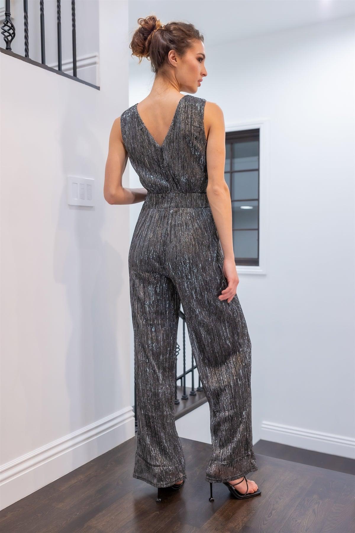 Silver Pleated Sparkly V-Neck Cut-Out Detail Jumpsuit /1-2-2-1