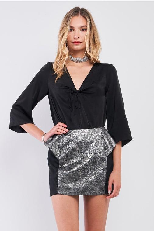 Black Silver Brocade High Waist Peplum Mini Skirt /2-2-2