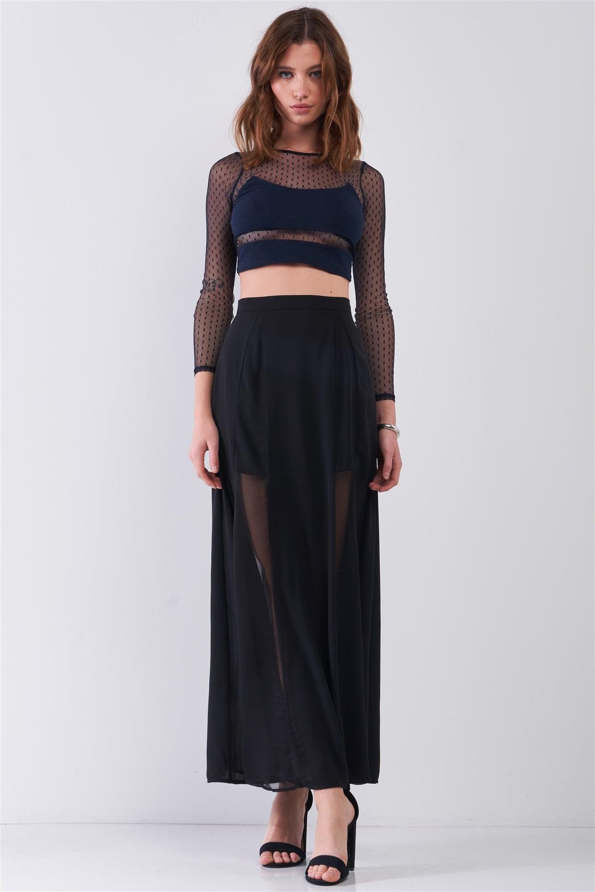 Black Combo Sheer Mesh Cut-Ins High Waist Maxi Skirt /1-2-1