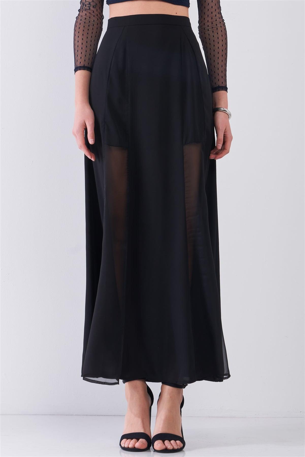 Black Combo Sheer Mesh Cut-Ins High Waist Maxi Skirt /1-2-1