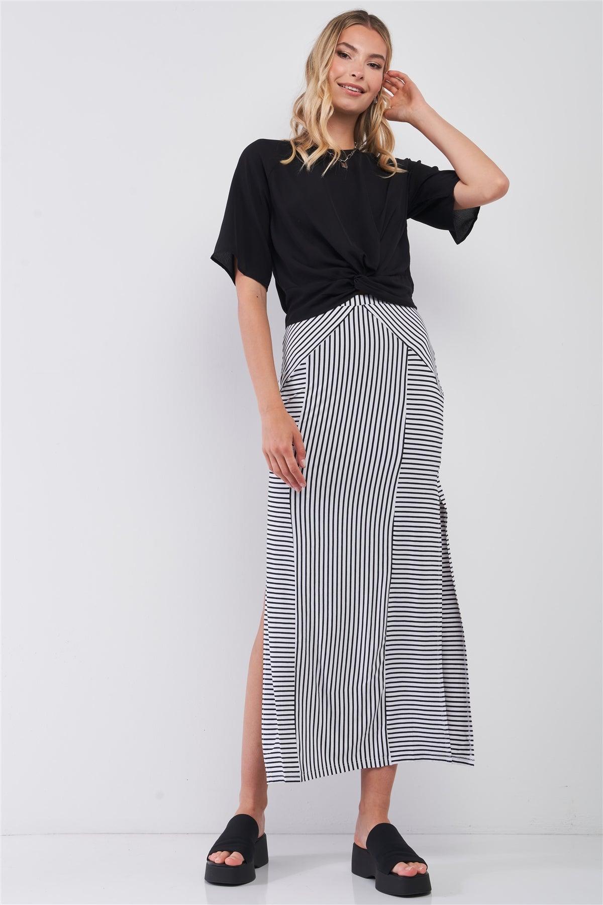 Black & White Multi Striped High Waist Side Slit Detail Midi Skirt /1-2-2-1