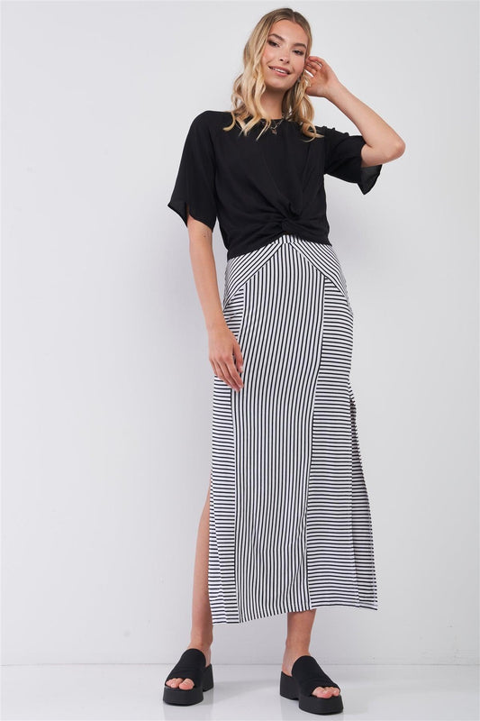 Black & White Multi Striped High Waist Side Slit Detail Midi Skirt /1-2-2-1