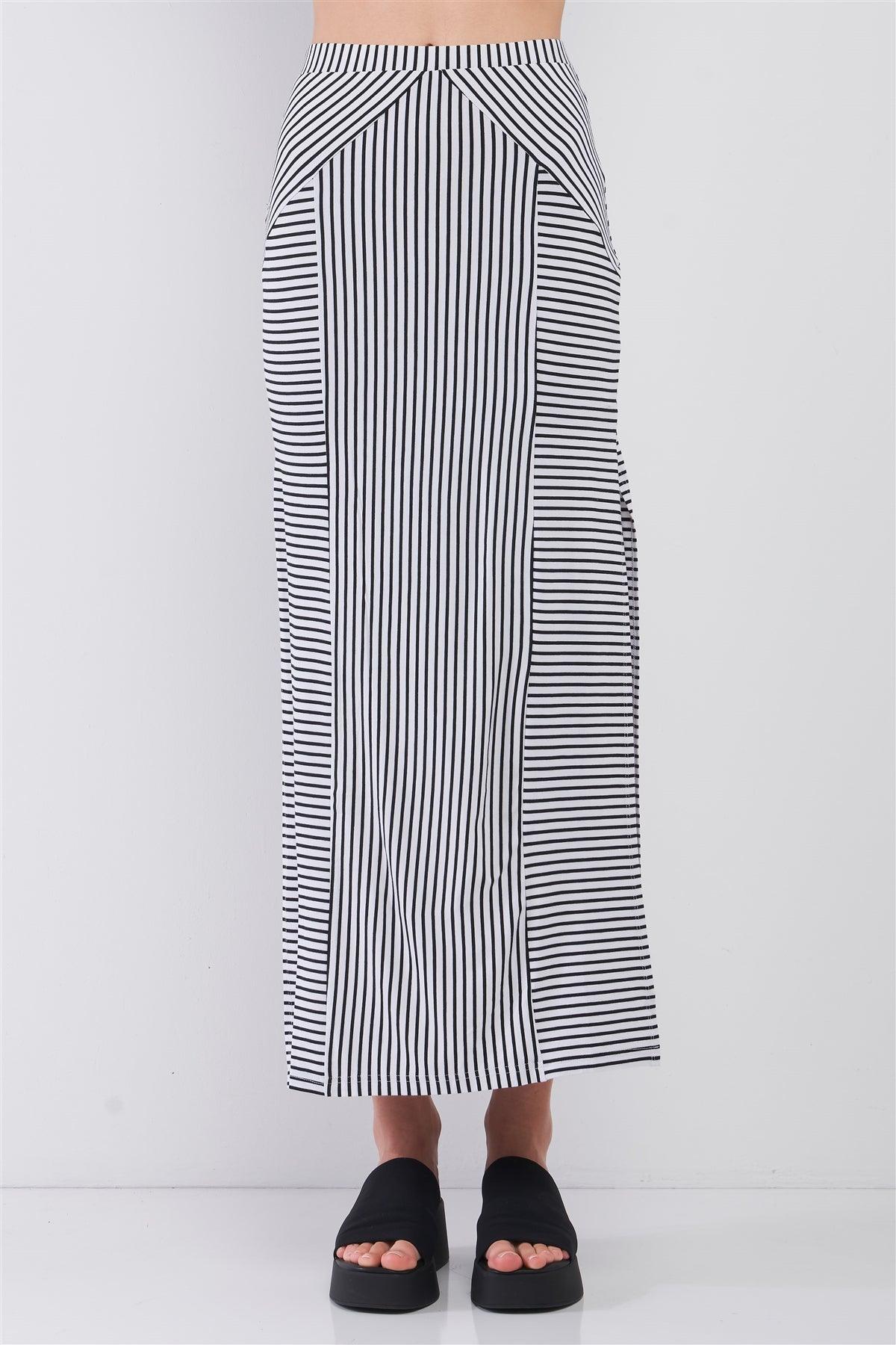 Black & White Multi Striped High Waist Side Slit Detail Midi Skirt /1-2-2-1