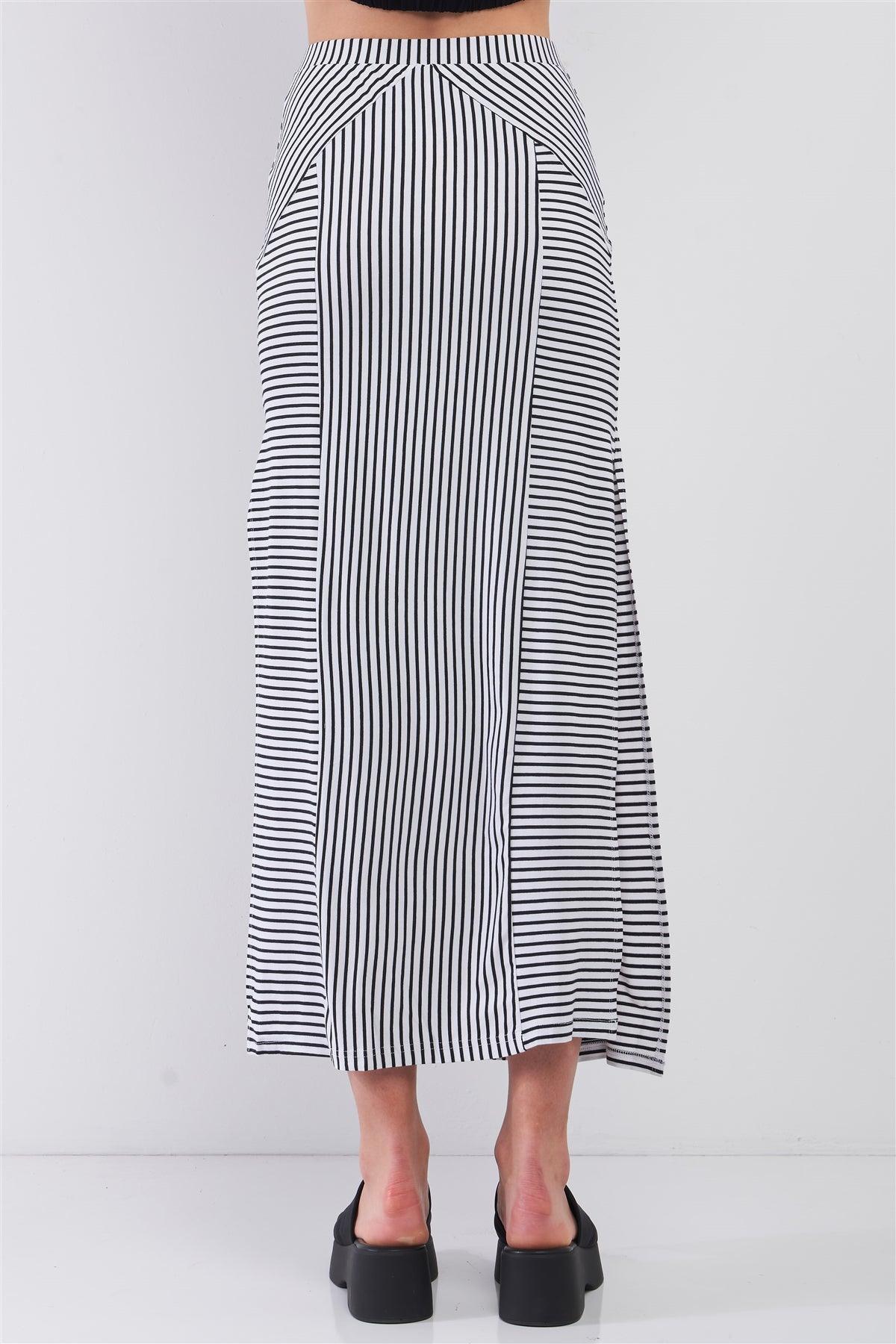 Black & White Multi Striped High Waist Side Slit Detail Midi Skirt /1-2-2-1