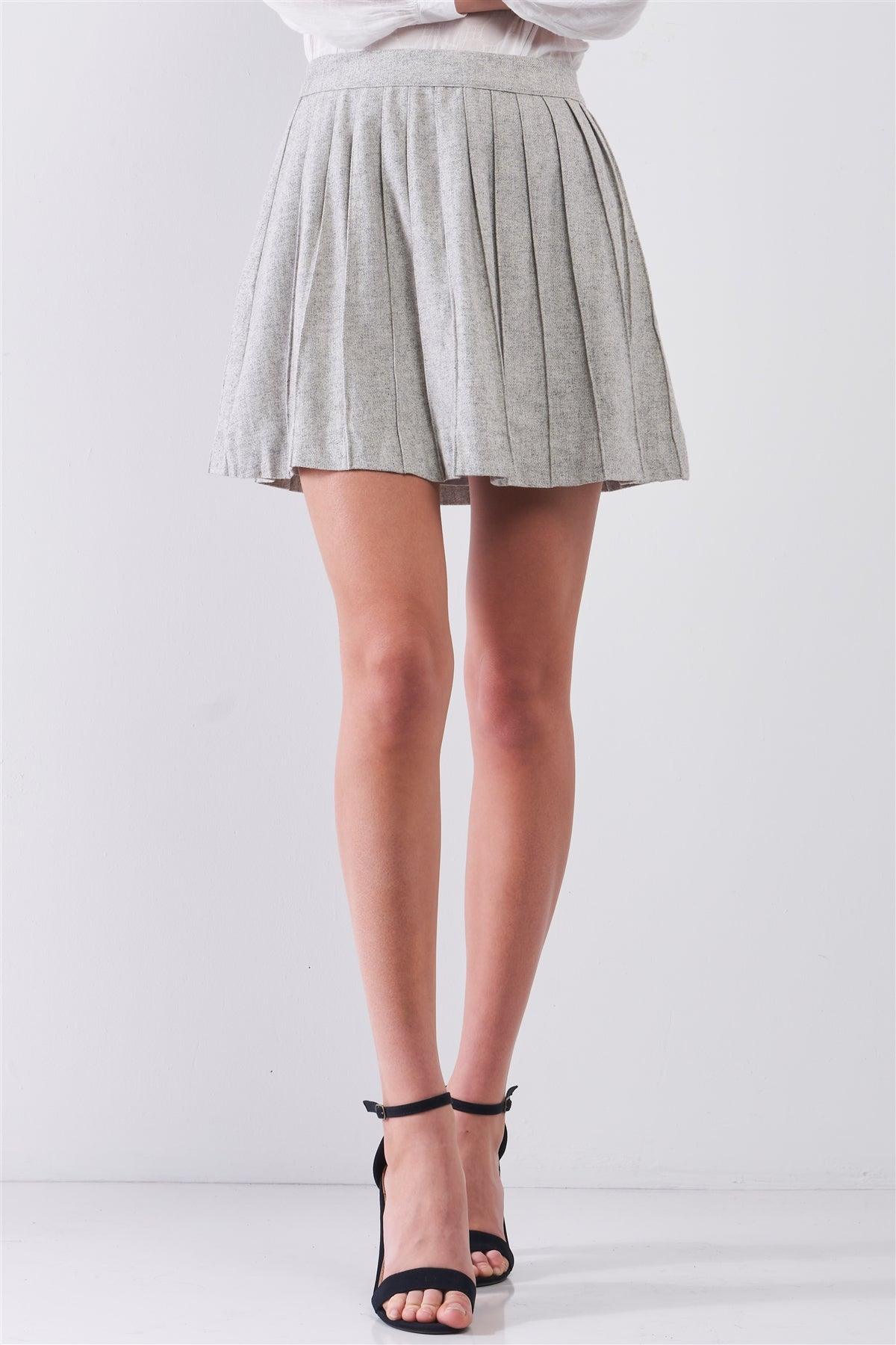 "Back To School" Grey Woolen High-Waisted Pleated Flare Mini Skirt /1-2-2-1