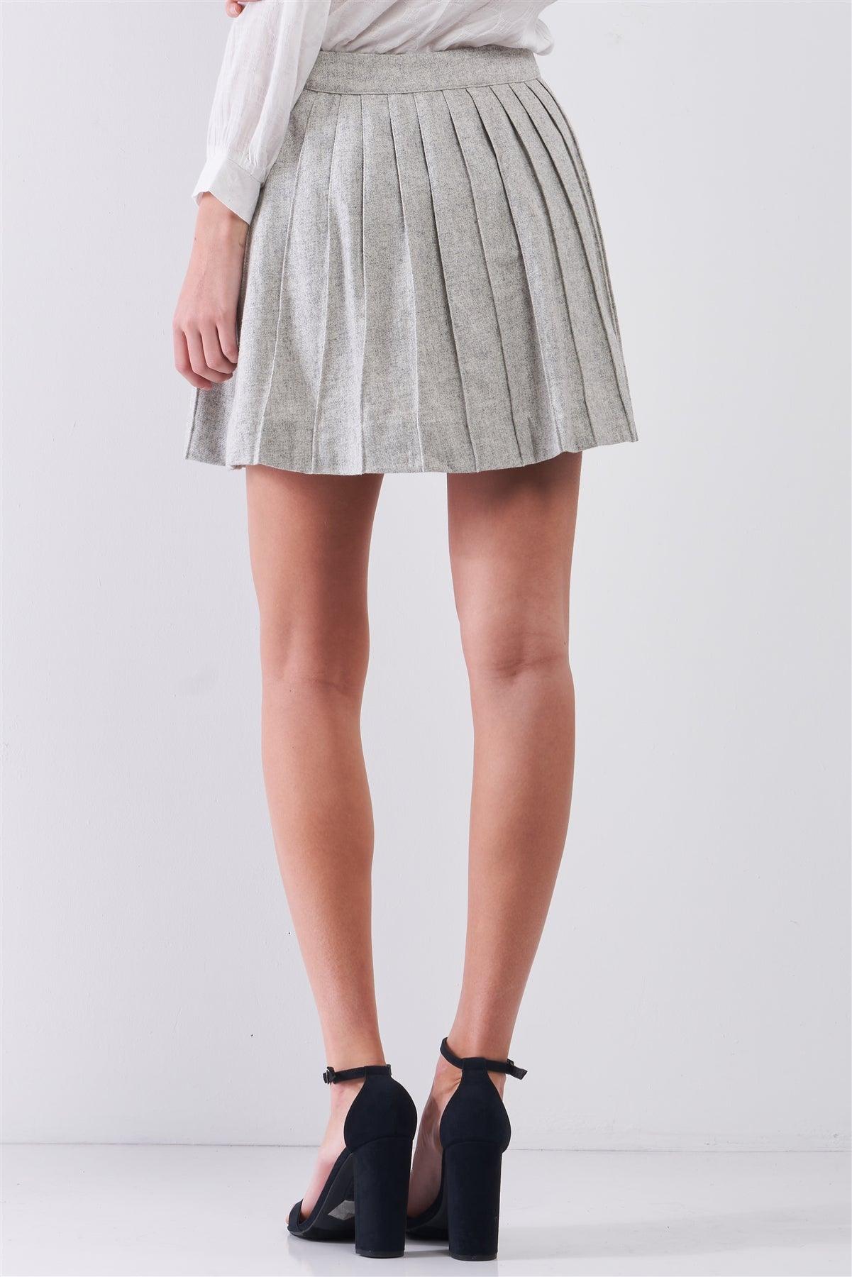 "Back To School" Grey Woolen High-Waisted Pleated Flare Mini Skirt /1-2-2-1