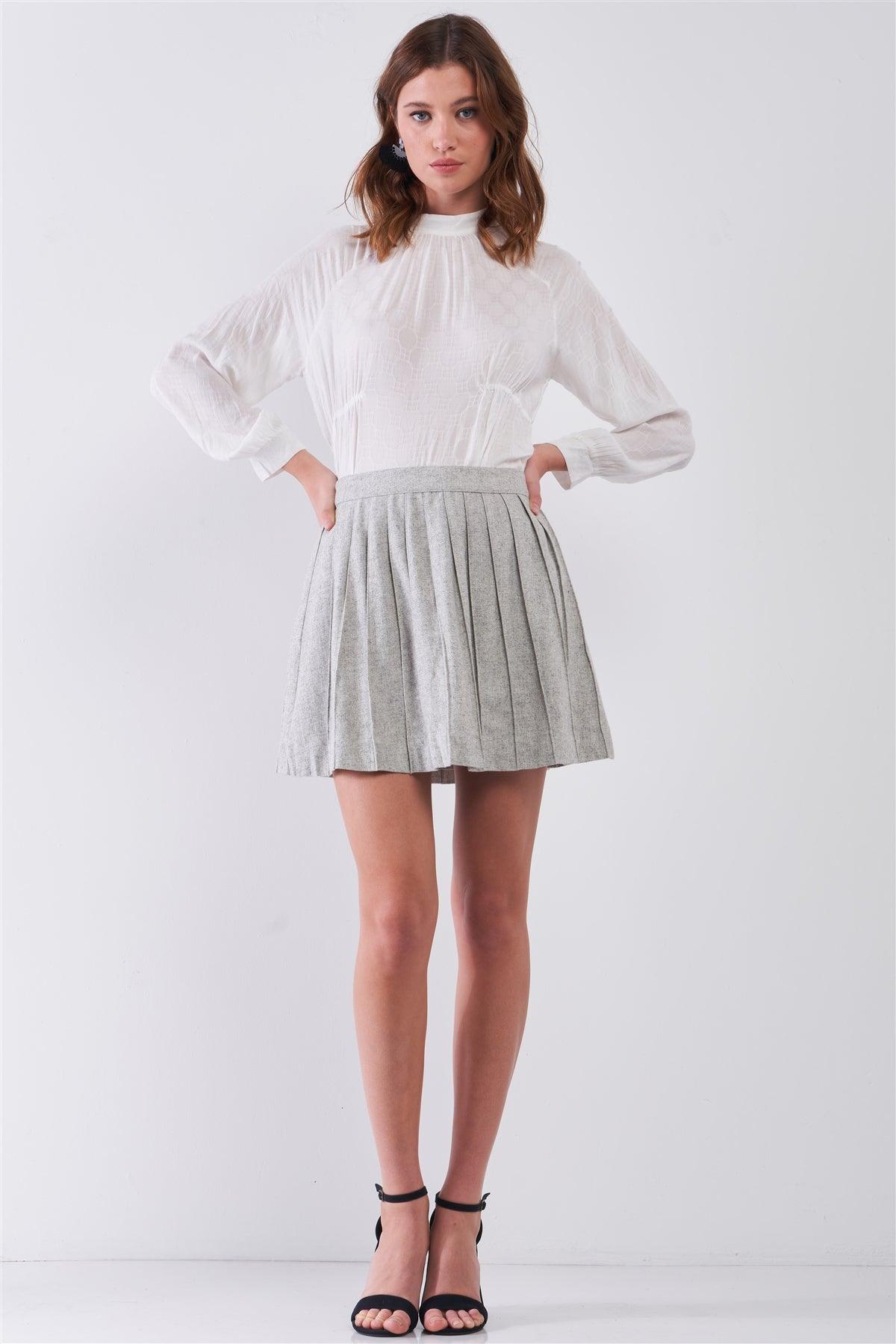 "Back To School" Grey Woolen High-Waisted Pleated Flare Mini Skirt /1-2-2-1