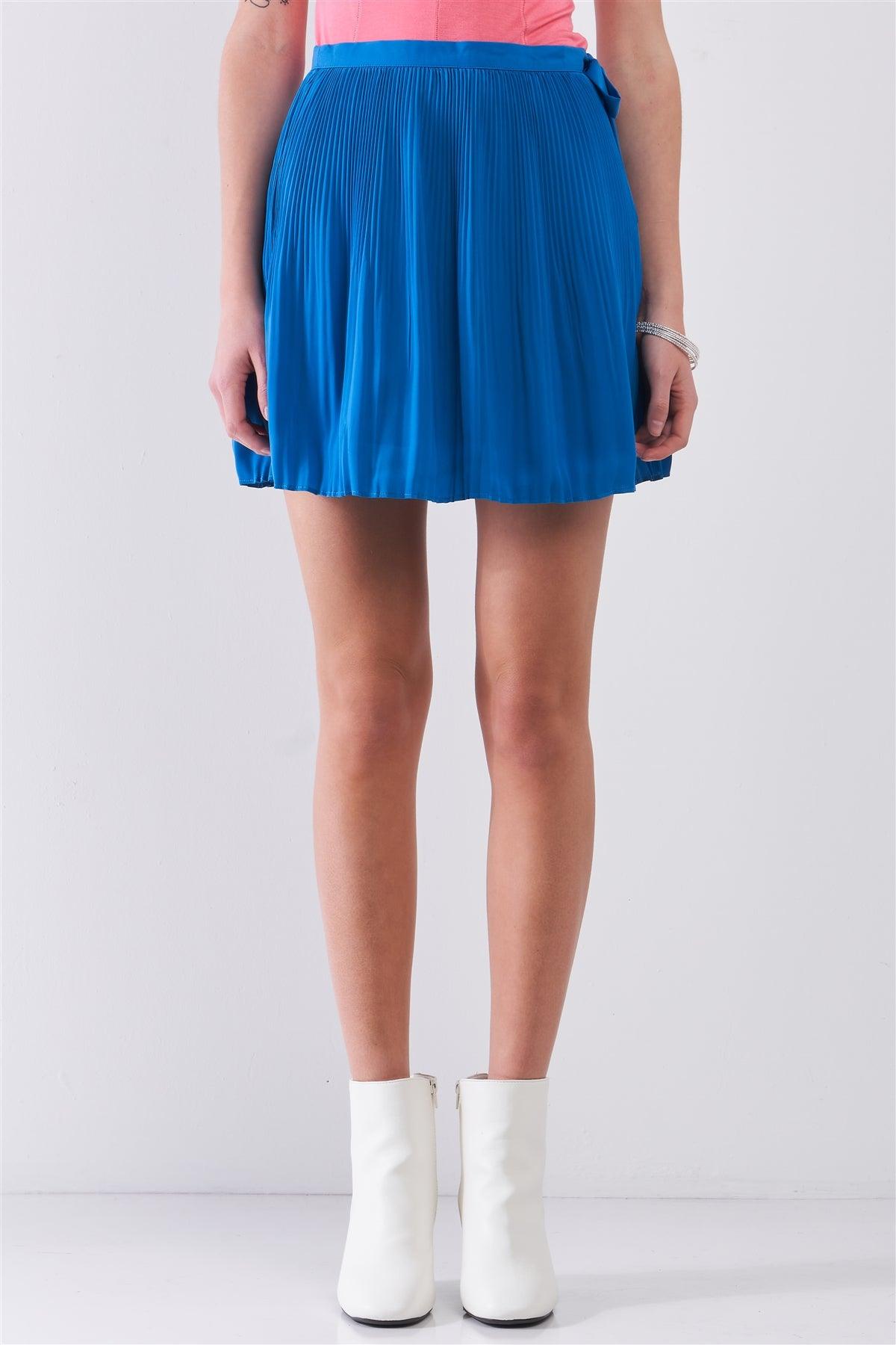 Sapphire Blue Pleated Side Self-Tie Bow Detail High Waist Flare Mini Skirt /1-2-2-1