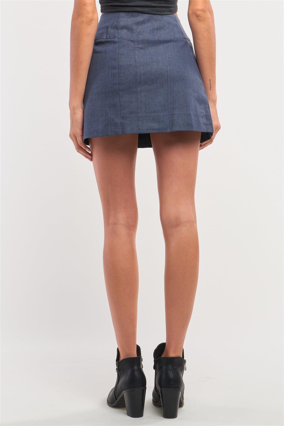 Navy High Waisted Pleated Front Belts Detail Mini Skirt /1-2-2-1