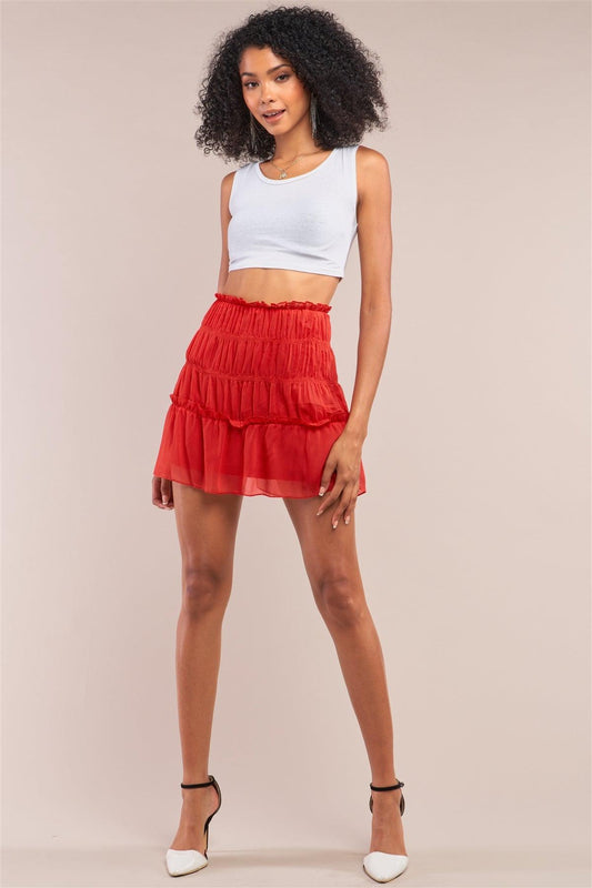 Red Casual Smock Detail Ruffle Mini Skirt /2-2-2