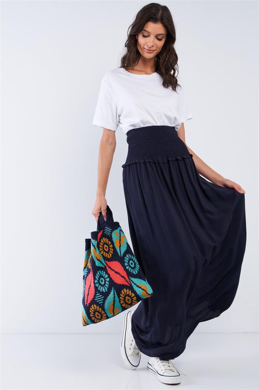 Navy Blue Festival High Waisted Loose Fit Wide Smock Waistline Maxi Skirt /1-1-2-1