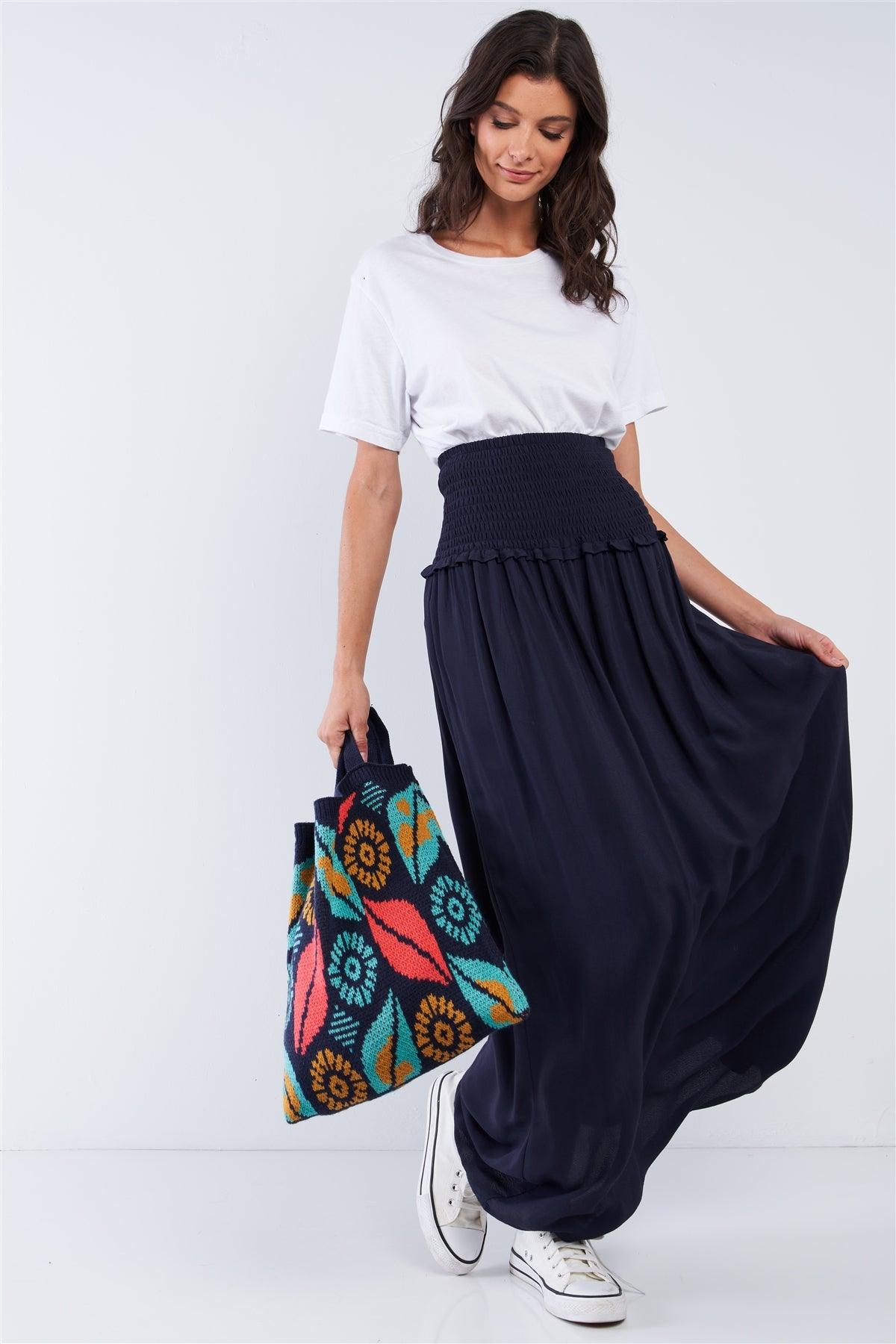 Navy Blue Festival High Waisted Loose Fit Wide Smock Waistline Maxi Skirt /1-2-2-1