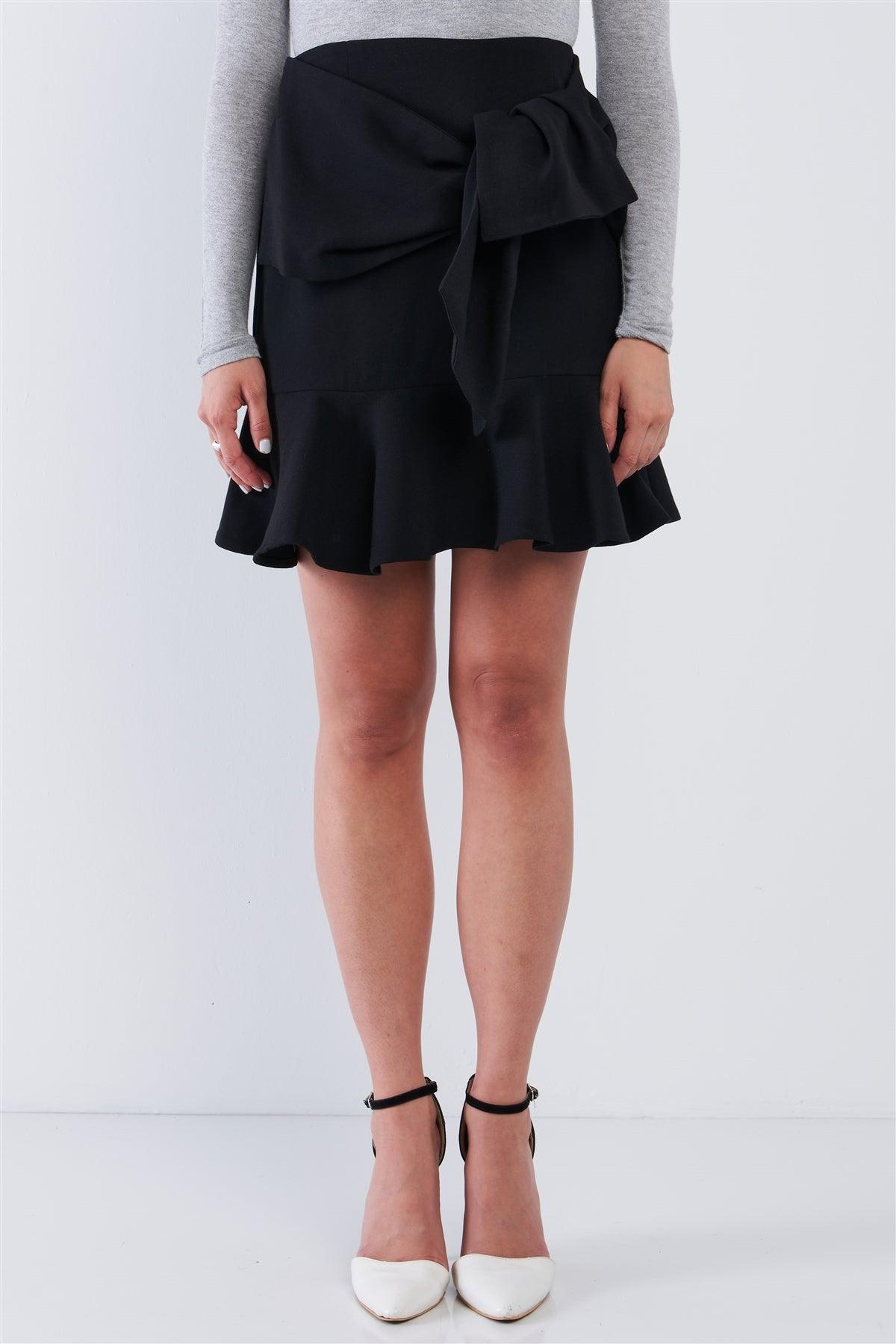 Black High Waist Tight Fit Twist Knot Detail Ruffle Hem Mini Skirt /1-1-3-1