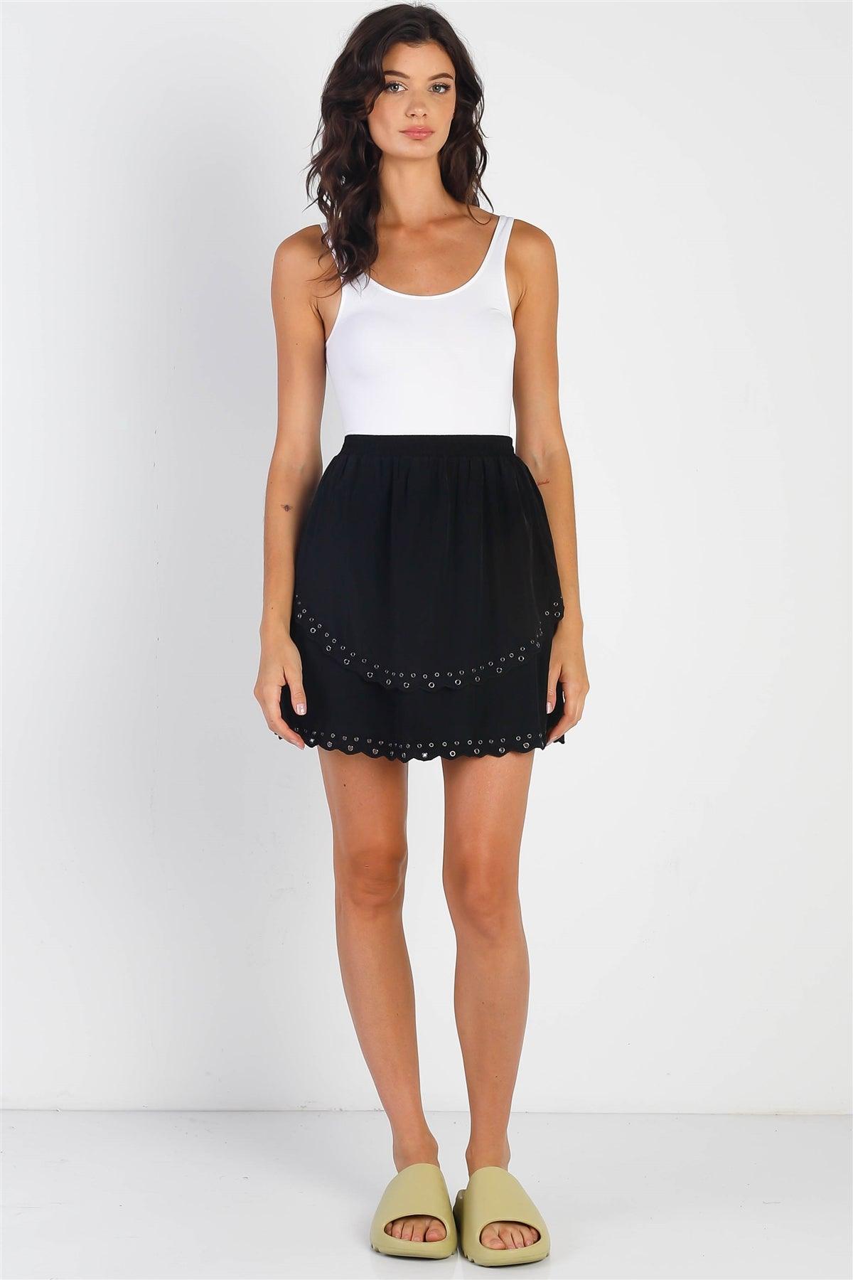 Black Smoked High Waist Keyhole Hem Detail Layered Flounce Mini Skirt /1-2-2-1