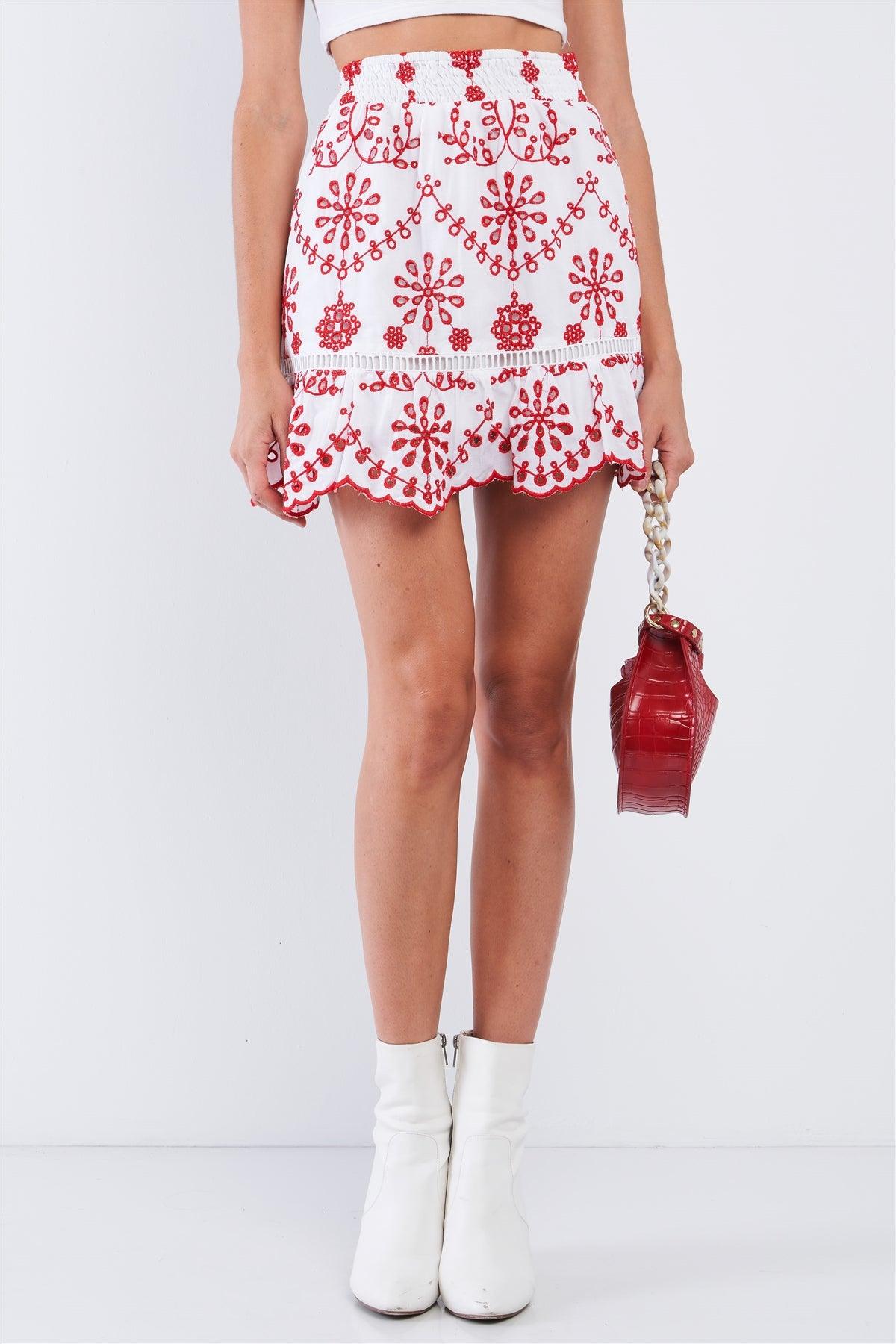 White&Red Eyelet Embroidered High Waist Mini Skirt /1-2-2-1