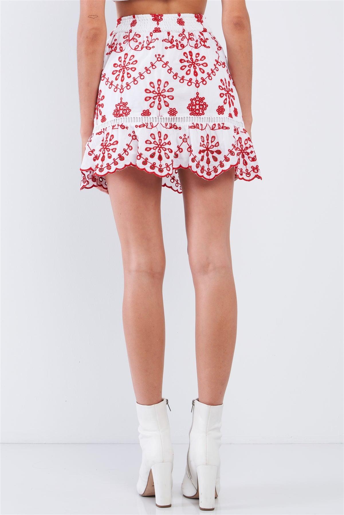 White&Red Eyelet Embroidered High Waist Mini Skirt /1-2-2-1