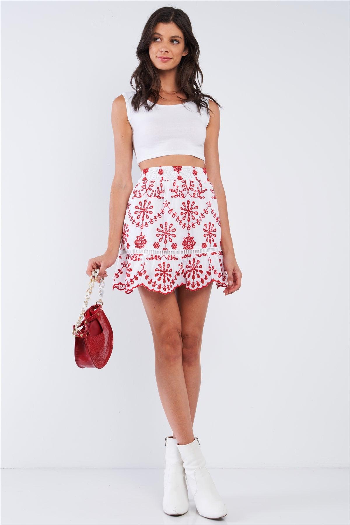 White&Red Eyelet Embroidered High Waist Mini Skirt /1-2-2-1