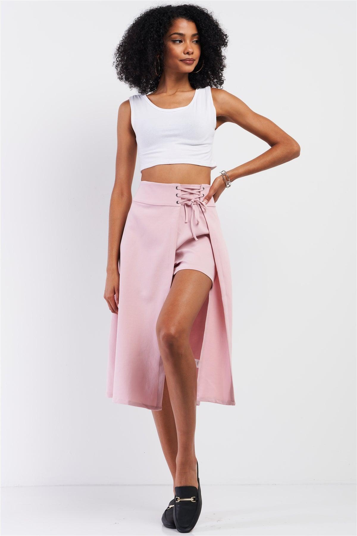 Pink Asymmetrical High Waisted Front Lace-Up Detail Skirt /1-1-2-2