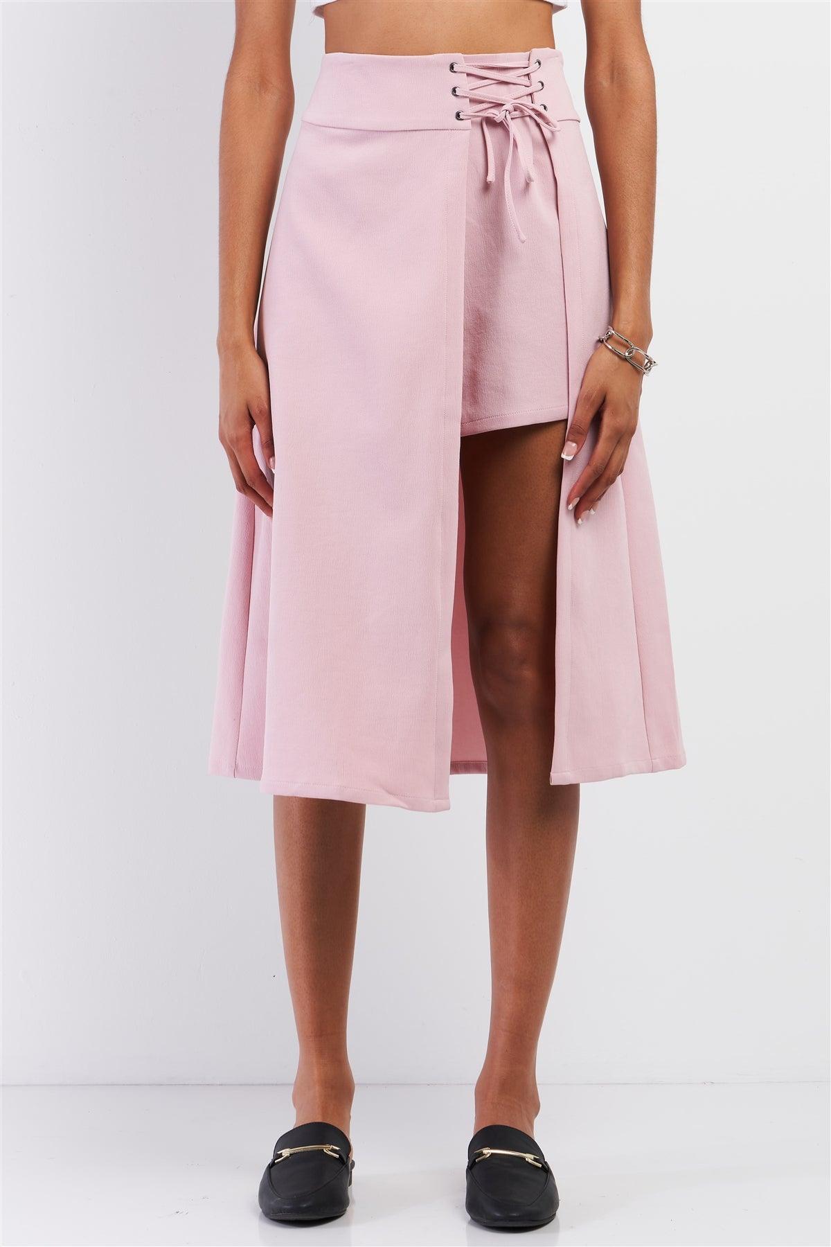 Pink Asymmetrical High Waisted Front Lace-Up Detail Skirt /1-1-2-2