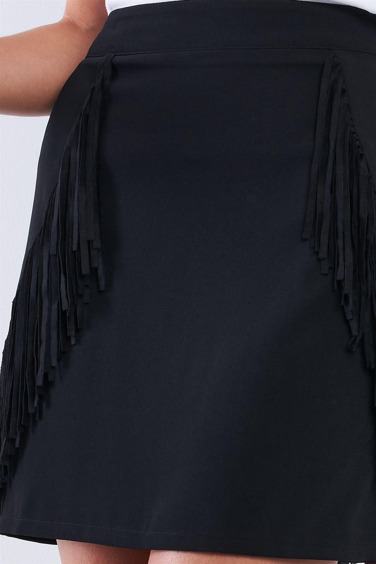 Black High Waist Suede Fringe Hem Accent Mini Skirt /1-1-2-1