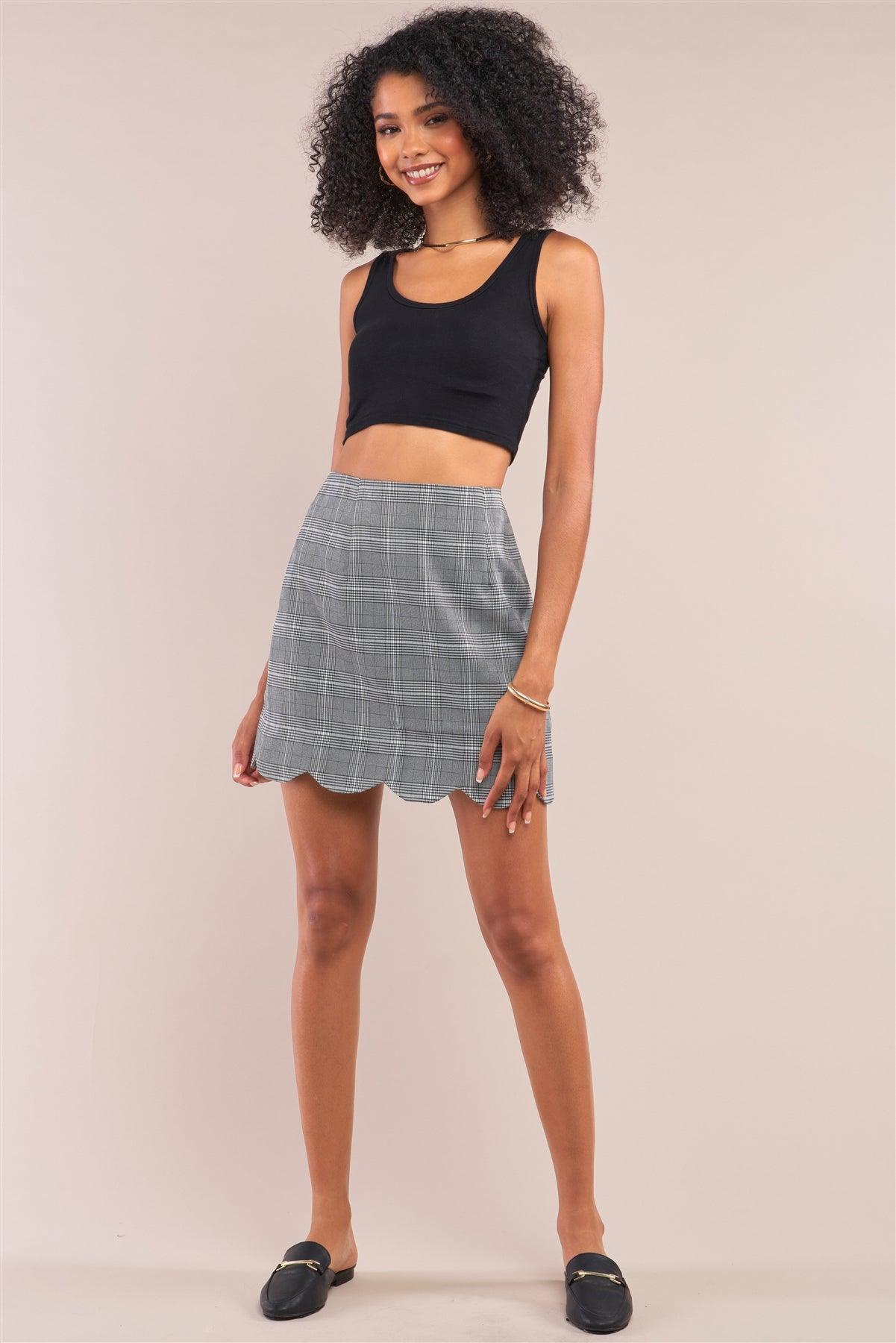 Grey Checkered High Waisted Scallop Hem Mini Skirt /1-1-2-1