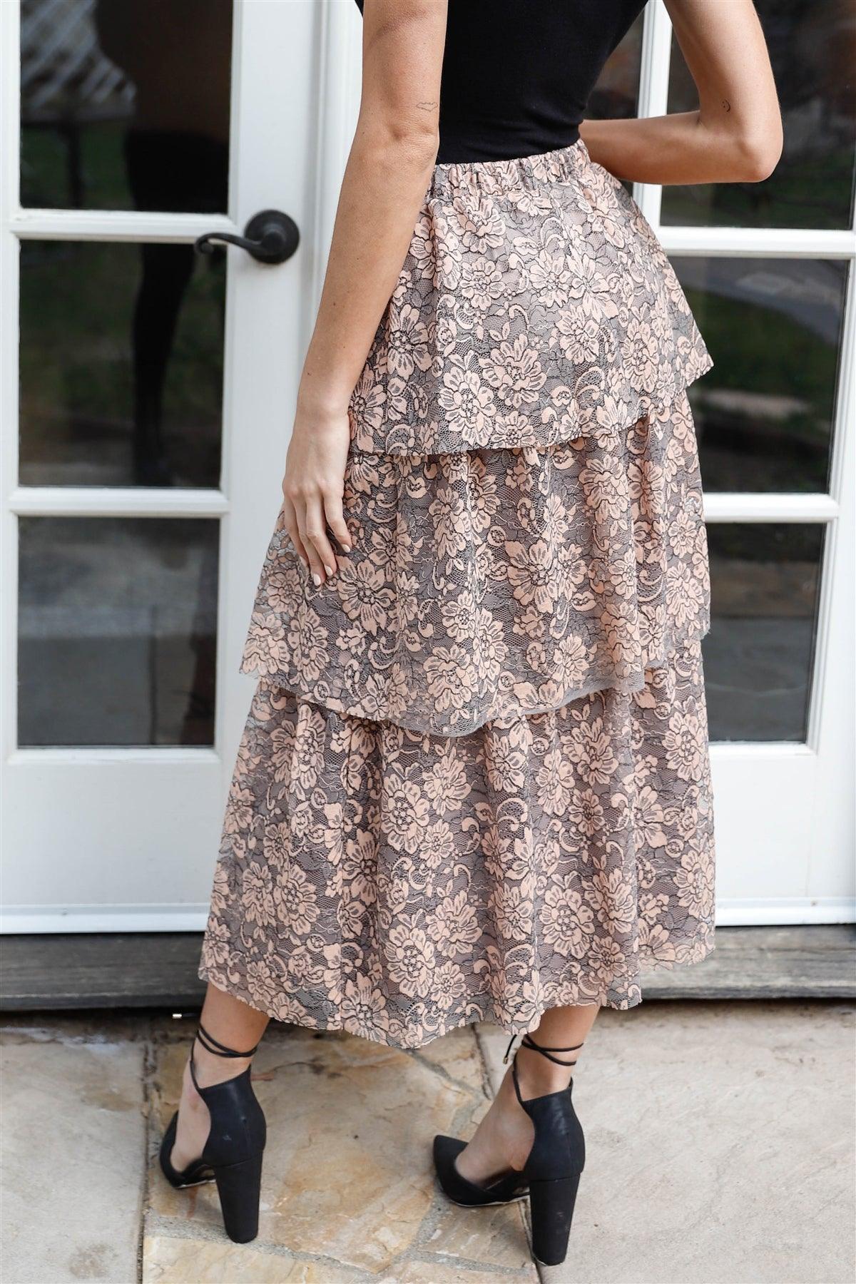 Peach & Grey Lace Layered Ruffled Midi Skirt /1-2-2-1