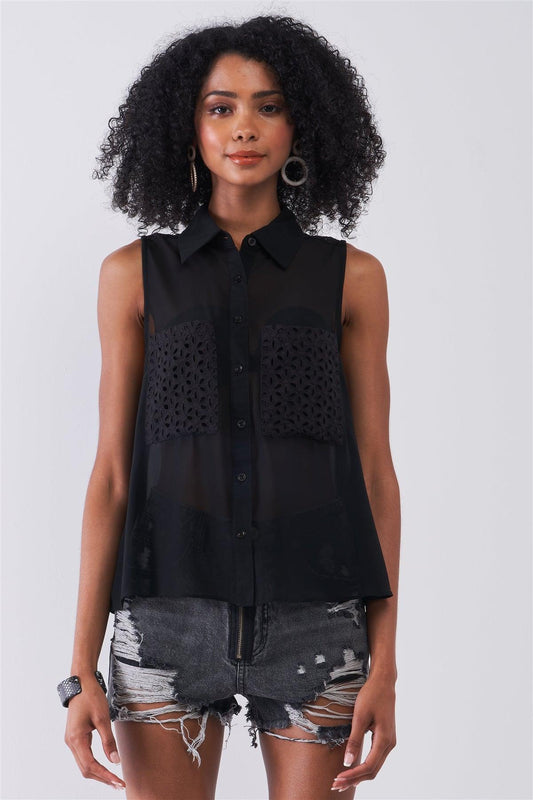 Black Sheer Sleeveless Crochet Combo Detail Collared Relaxed Top /1-1-2-1