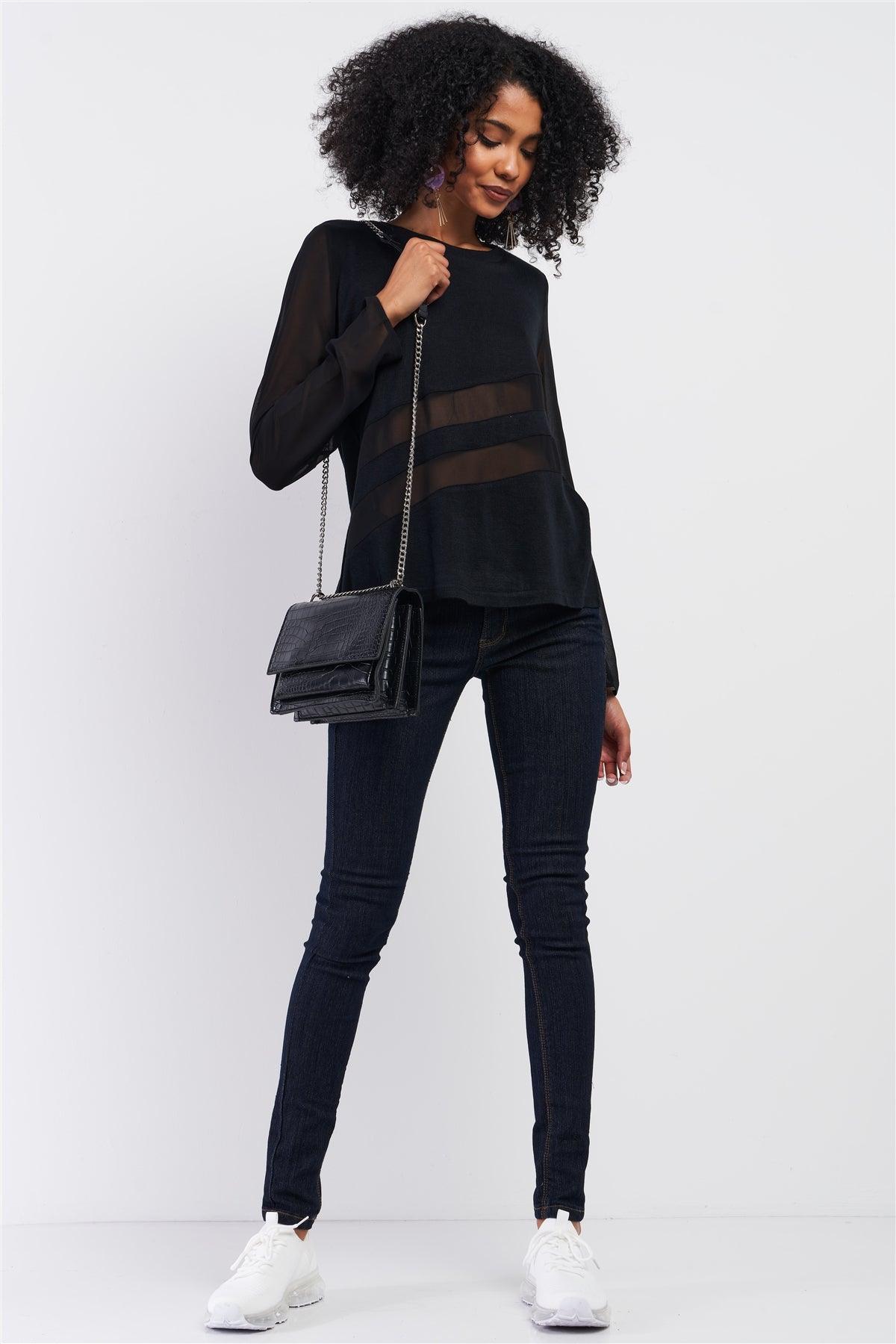 Black Long Sleeve Mesh Detail Relaxed Fit Knit Top /1-1-3-1