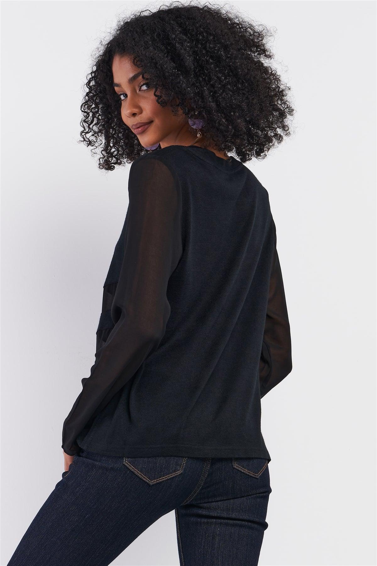 Black Long Sleeve Mesh Detail Relaxed Fit Knit Top /1-1-3-1